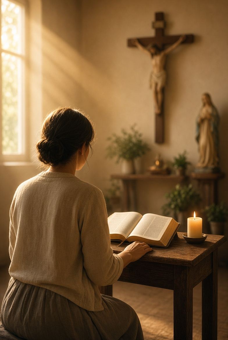 A person praying quietly at a small table with an open Bible, a lit candle, and a crucifix on the wall
