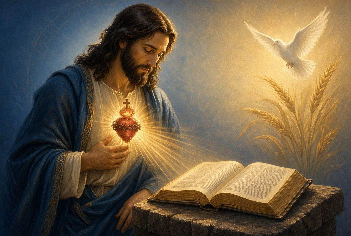 A depiction of Christ with the Sacred Heart, an open Bible, and a white dove